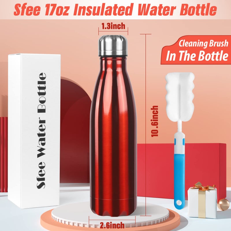 Sfee Insulated Water Bottle, 17oz Stainless Steel Water Bottles, Double Wall Vacuum Reusable Water Bottles Leak Proof BPA-FREE Sports Bottle Cup Keep Hot&Cold for Running Gym Workout Cycling Kids(Red) - Image 2